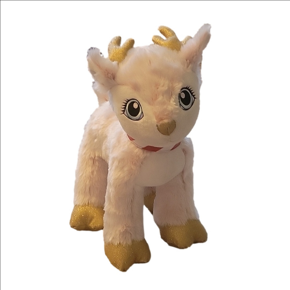 BAB Arctic pink baby reindeer with red & white striped collar. Build A Bear